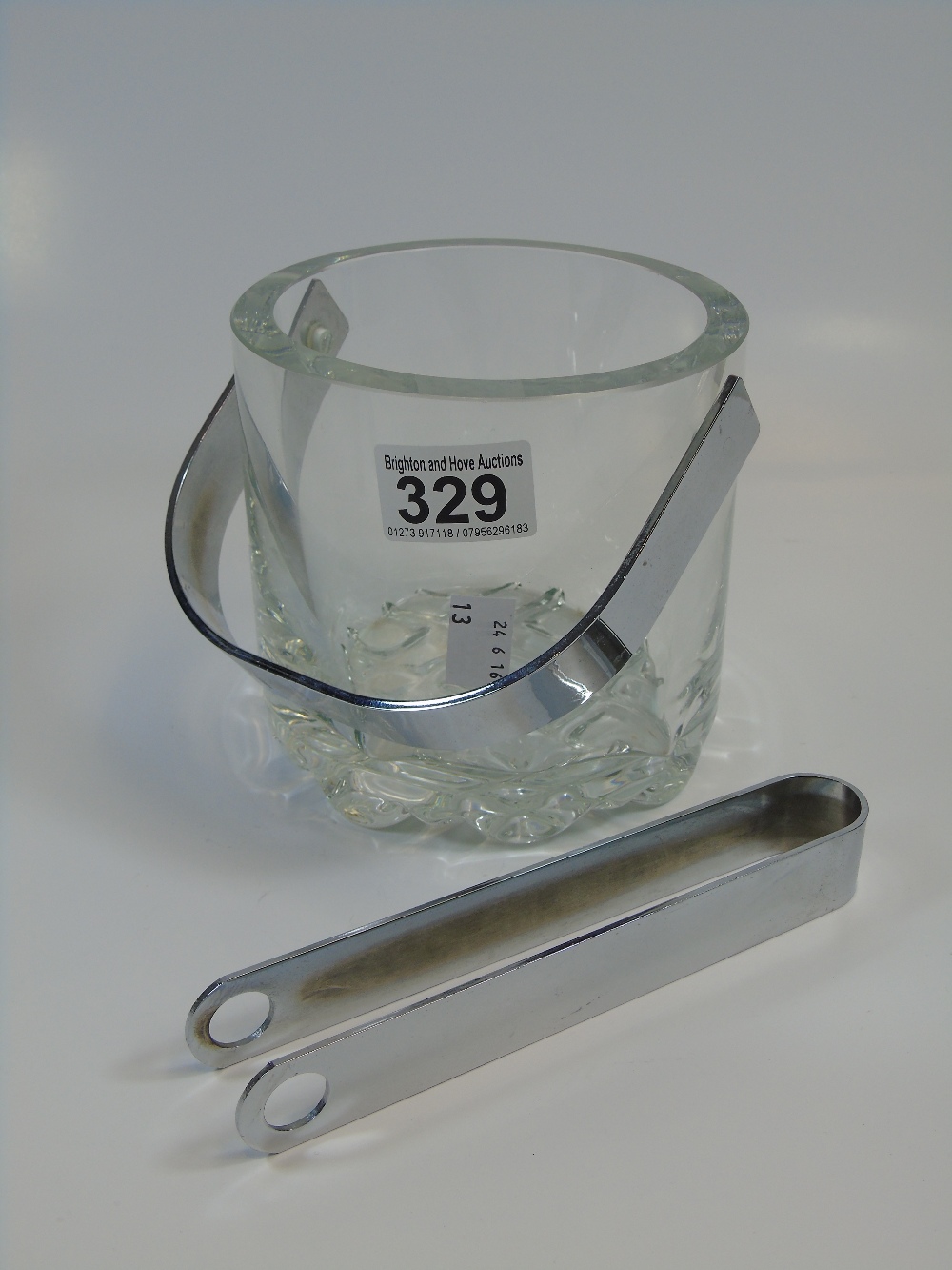 HEAVY GLASS ICE BUCKET & TONGS