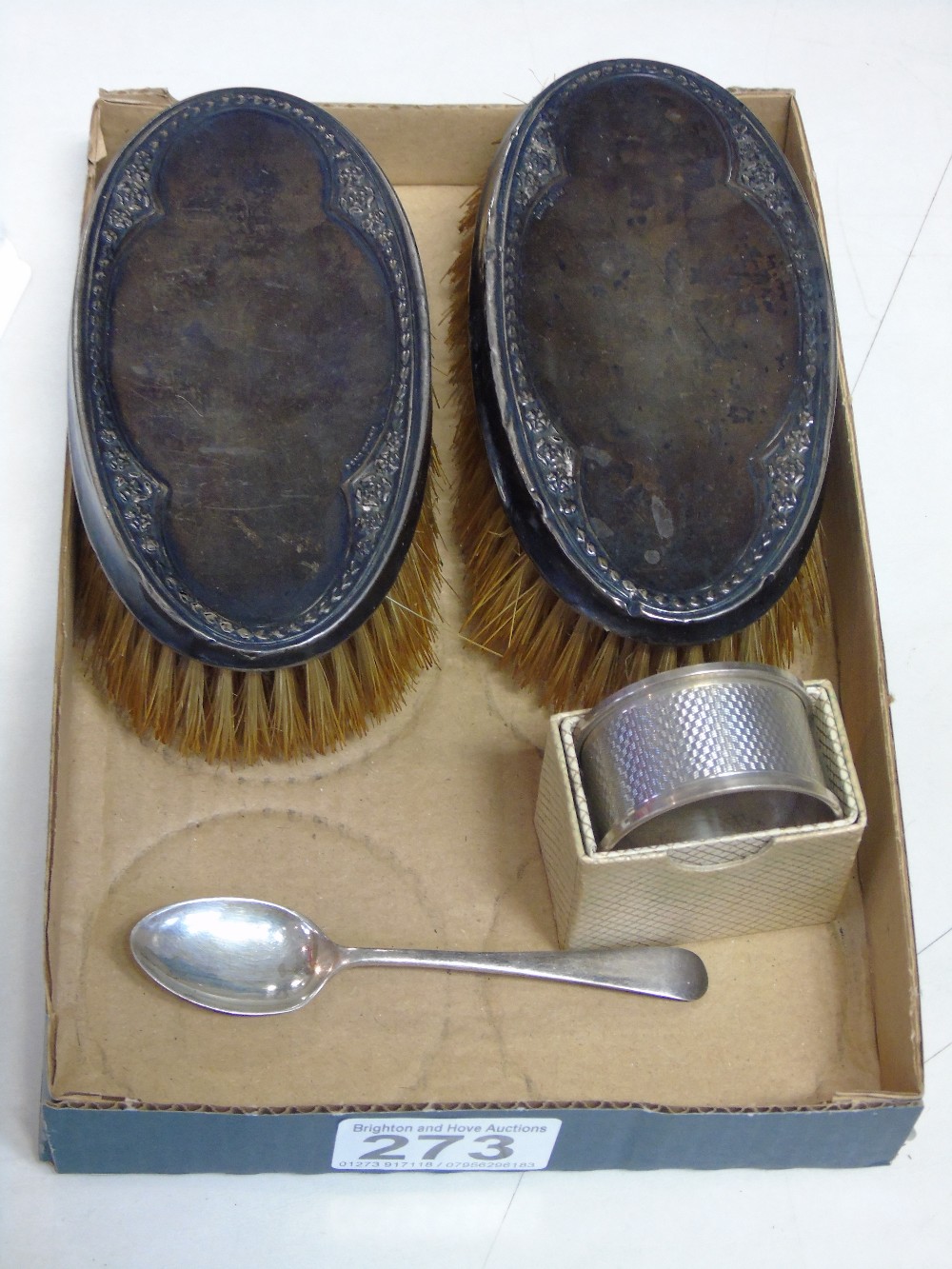 HALL MARKED SILVER HAIR BRUSHES,NAPKIN RING & SPOON