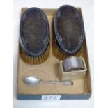 HALL MARKED SILVER HAIR BRUSHES,NAPKIN RING & SPOON