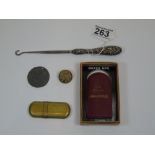 ASSORTED ITEMS INCLUDING SILVER BUTTON HOOK & LIGHTER