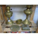 2 BRASS OIL LAMPS, MIXED METAL ITEMS + 2 PRINTS