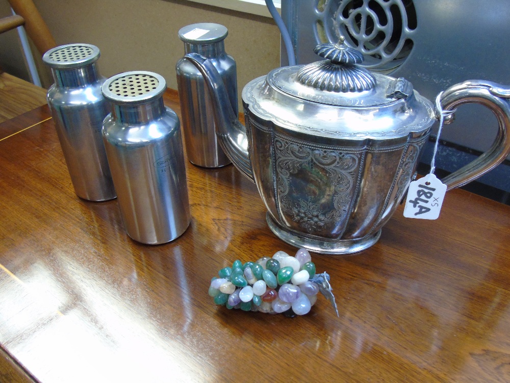 SILVER PLATED TEA POT, 3 METAL CONTAINERS+ AGATE GRAPES