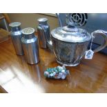 SILVER PLATED TEA POT, 3 METAL CONTAINERS+ AGATE GRAPES