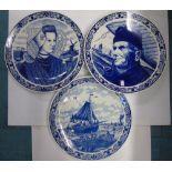 3 EARLY LARGE BLUE & WHITE WALL PLATES