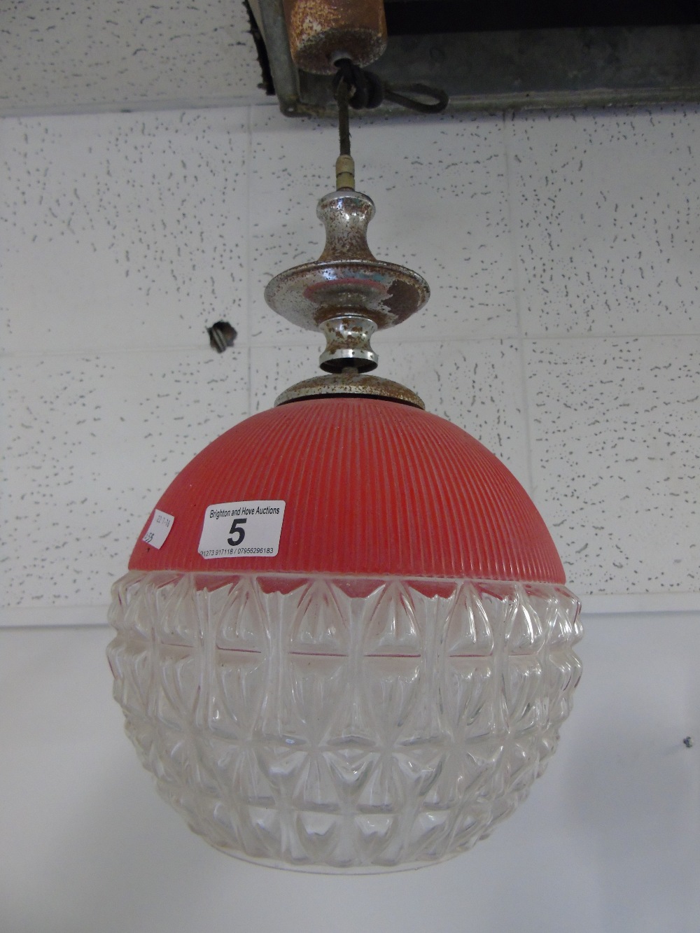 RETRO RED & PATTERNED GLASS HANGING CEILING LIGHT