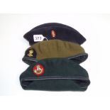 3 ARMY BERETS WITH BADGES, KSLI, REME,& RA