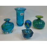 4 GLASS VASES, 3 MARKED MDINA