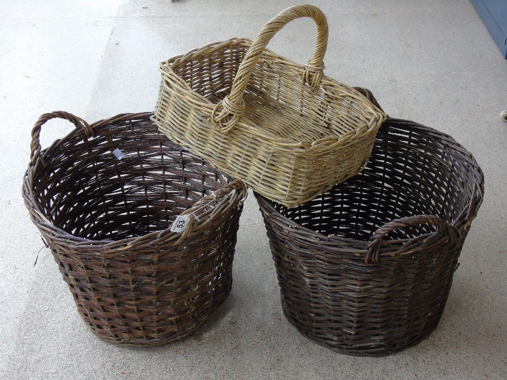 WICKER SHOPPING BASKET & 2 LOG BASKETS