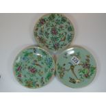 3 CHINESE CELADON PAINTED PLATES, WITH BIRD DESIGNS
