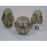 3 INDIAN, WHITE METAL LIDDED CONTAINERS