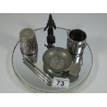 5 ITEMS, INCLUDING ASIAN FIGURE & WHITE METAL CUP MARKED 'CULLODEN 1746