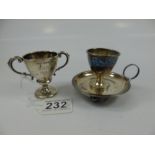 WHITE METAL EGG CUP & HALL MARKED SILVER TROPHY