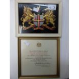 FRAMED GLASS PANEL, CITY OF LONDON ARMS + FRAMED 1944 LETTER ACKNOWLEDGING BEING MENTIONED IN