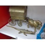 LARGE BRASS GYPSY CARAVAN & HORSE FIGURE & CROCODILE