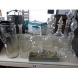 5 DECANTERS, ASSORTED CARAFES & STOPPERS