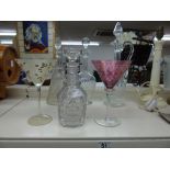 4 GLASS DECANTERS & 2 DECORATIVE GLASSES