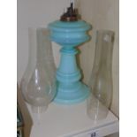 VICTORIAN TURQUOISE GLASS OIL LAMP + 2 FUNNELS