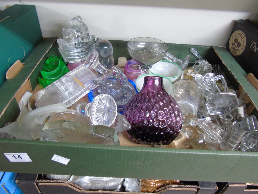 BOX OF GLASS WARE INCLUDING CANDLESTICKS & PAPERWEIGHTS