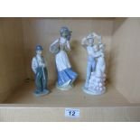 3 CERAMIC FIGURES, DANCING COUPLE, GIRL WITH FLOWERS & CHARLIE CHAPLIN