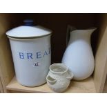 LARGE CERAMIC 'BREAD' BIN, LARGE JUG & HERB PLATER