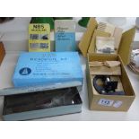 2 VINTAGE MICROSCOPES & SLIDES + VINTAGE 1ST AID TIN