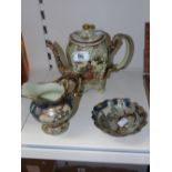 3 PIECES ORIENTAL CHINA, TEAPOT, JUG & BOWL