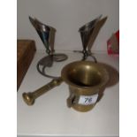 LILY SHAPED CANDLE HOLDERS + BRASS PESTLE & MORTAR