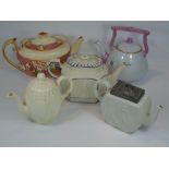 5 ANTIQUE TEA POTS, FRENCH & ENGLISH INCLUDING CASTLEFORD & COALPORT A/F