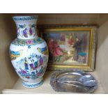 TALL ORIENTAL VASE , PLATED SERVERS & DISH + PICTURE