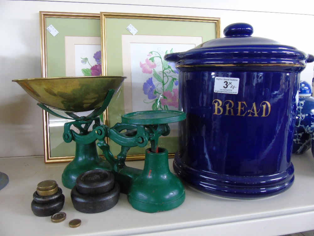 CERAMIC BREAD BIN, 2 PRINTS & SCALES