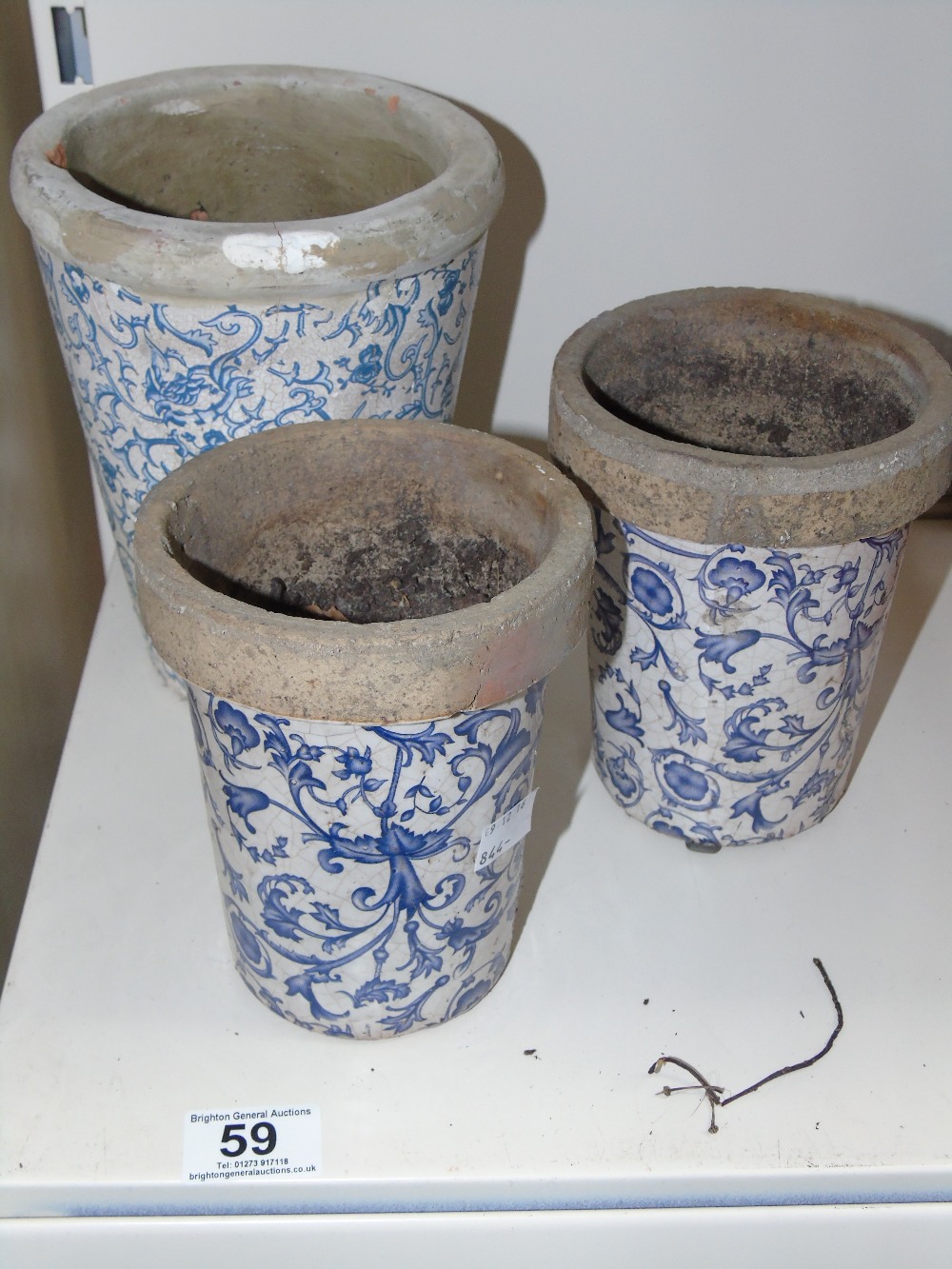 3 BLUE & WHITE DECORATIVE PLANT POTS