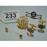 ROTARY INTERNATIONAL, CUFF-LINKS, BROOCH, STICK PIN + GOLD ON HALL MARKED SILVER TIE CLIP