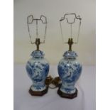 Pair of early Delft baluster vases with covers converted to lamp stands - A/F