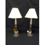 A pair of faceted glass table candlesticks converted into lamp stands