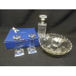 A pair of Villeroy and Boch glass table candlesticks in original packaging, a cut glass decanter