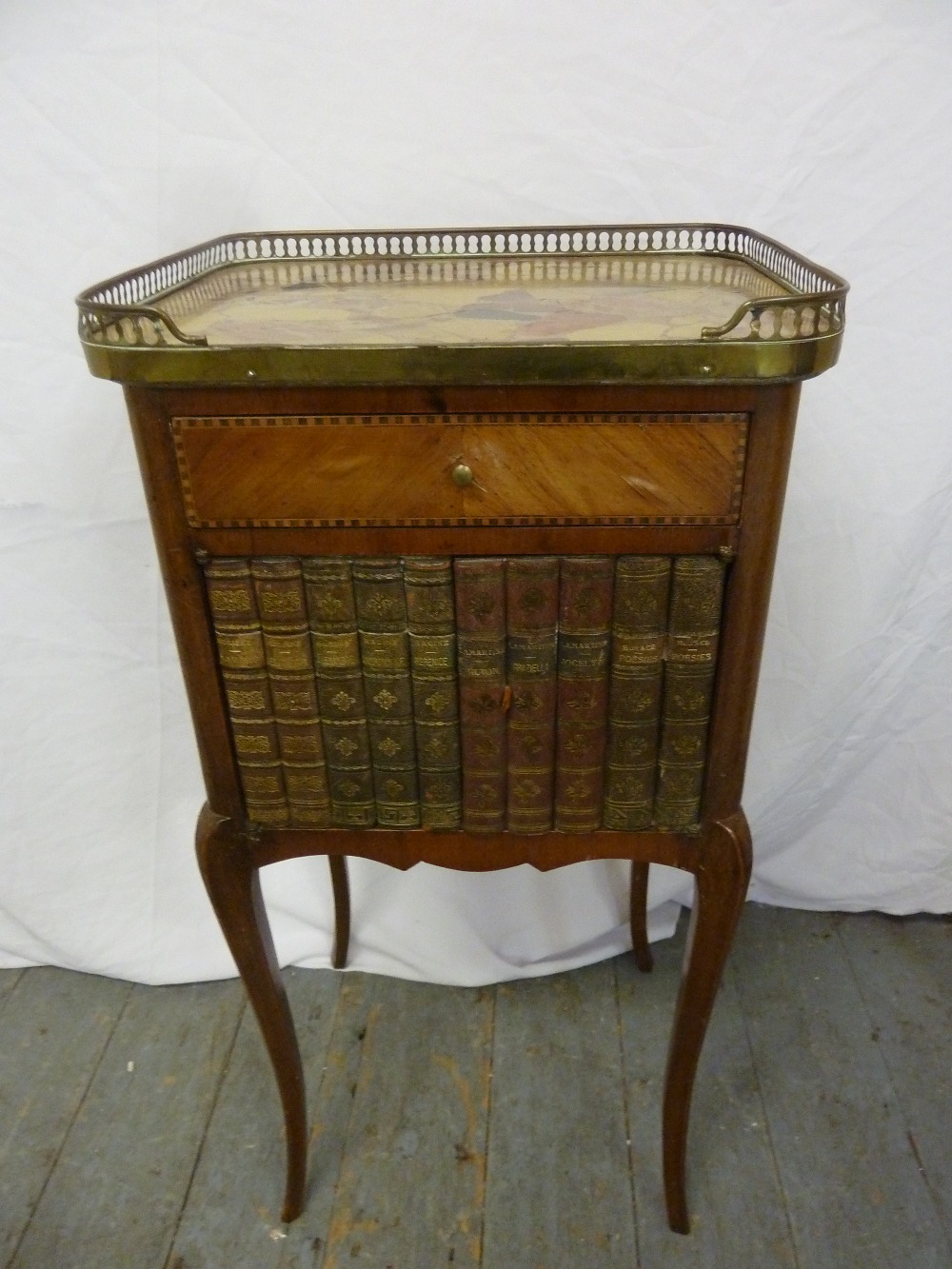 Marble topped side table with single drawer and book fronted cupboard on cabriole legs