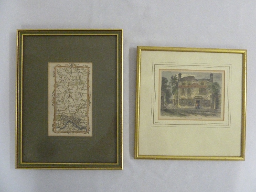 A framed early map of London, 17 x 10cm and a print of the Spaniards Hampstead Heath,11.5 x 15cm