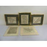 Three framed and glazed antique maps of English counties and two others by makers Cary, Chapman &