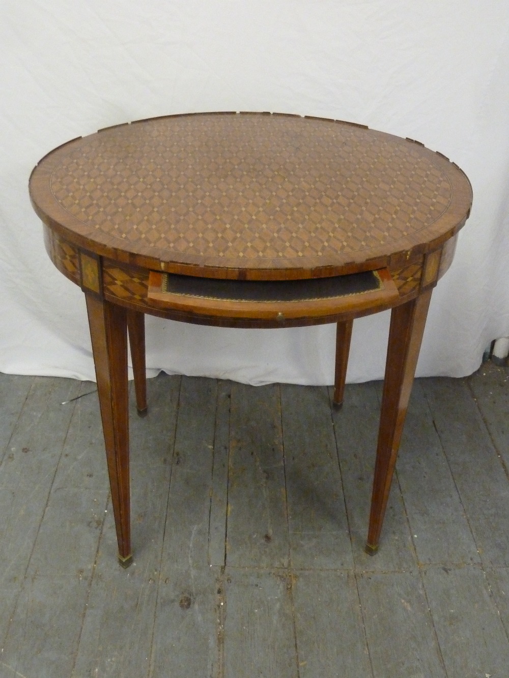 Circular inlaid occasional table on four tapering rectangular legs A/F