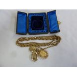 15ct Gold necklace with three lockets and a pendant, approx total weight 62.4g