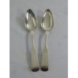 Pair of Russian serving spoons, elongated fiddle pattern, fully marked