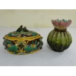 Majolica tureen and cover and a Majolica pineapple vase A/F