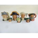 Seven Doulton character jugs, Don Quixote D6455, The Cavalier, Lord Nelson D6336, The Apothecary