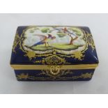 Atelier Le Tallec porcelain hinged covered box with gilt metal borders, hand painted images of birds
