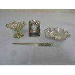 Silver desk clock, silver paper knife and two silver bonbon dishes
