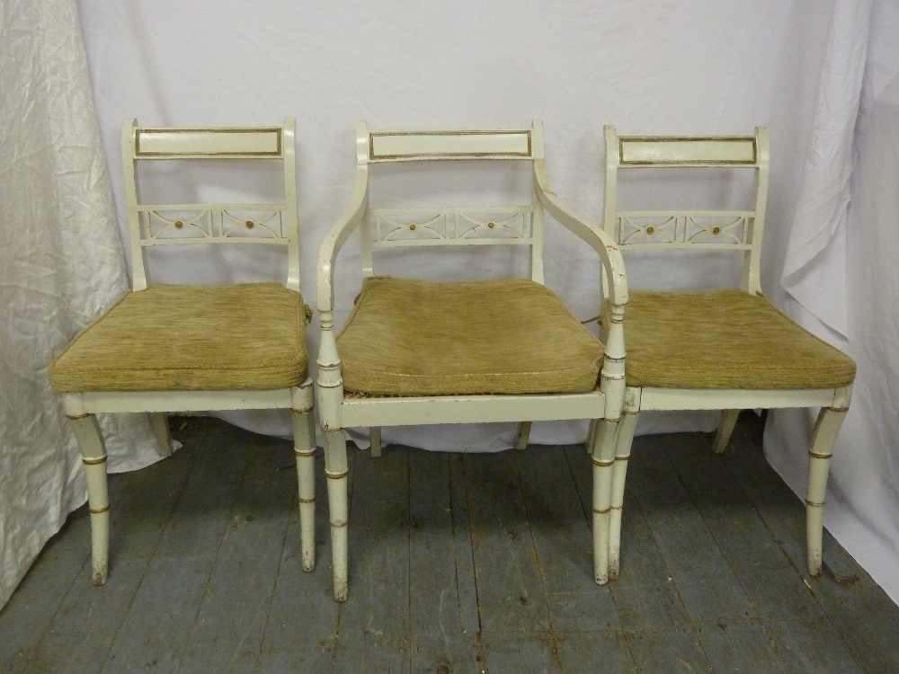 Three French style painted chairs with bergere seats and upholstered cushion covers  A/F