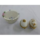 Herend lattice work bowl and two Limoges egg shaped trinket boxes