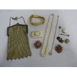 A quantity of costume jewellery to include brooches, necklaces, a bracelet and a mesh bag