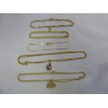 Quantity of 9ct gold jewellery to include two necklaces and three bracelets, approx 14.5g