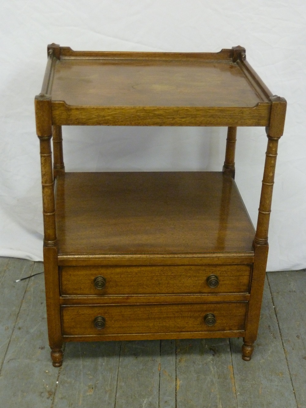 Oak two tier side table with two drawers